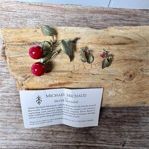 Michael Michaud Silver Seasons red berry branch brooch earrings set bronze